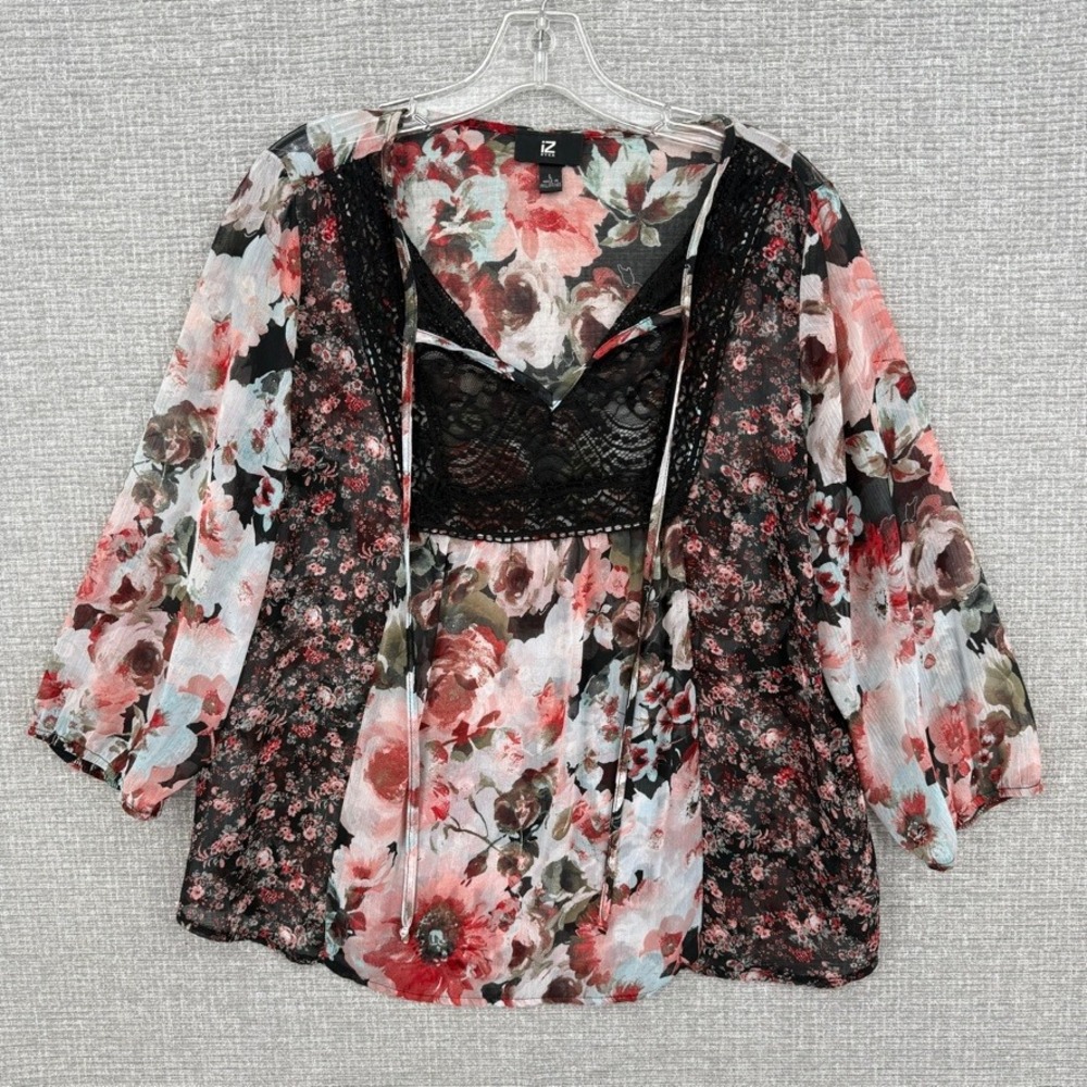 IZ Byer Floral Lace Trim Blouse Women Large Sheer Flowy Boho Cottage